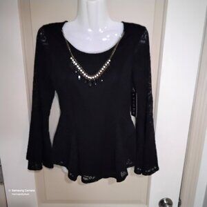 Scobe Black Crochet Lace Long Sleeve Peplum Blouse Detachable Necklace NWT Med.